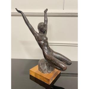 Jacques Coquillay - Bronze Jeune Femme Nue H: 35 Cm